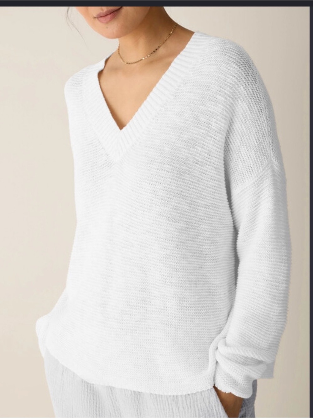 Eileen Fisher White V-Neck Relaxed Knit Sweater